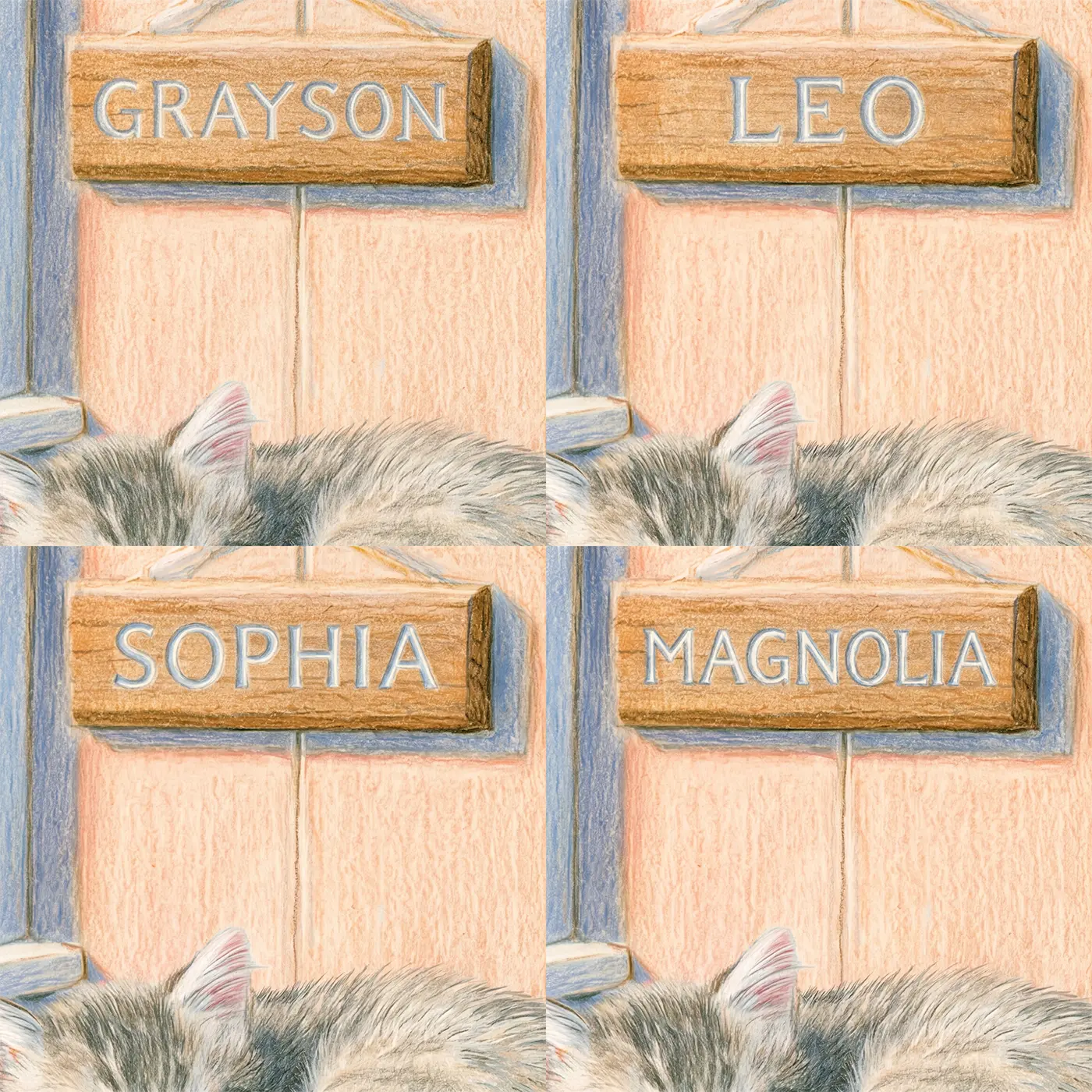 Four name preview examples of Sweet Kitten Cushion Personalized Wall Mural by Whimsy Tots