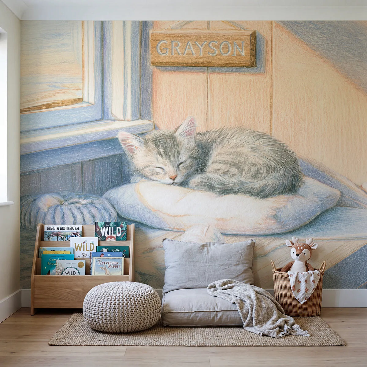 Sweet Kitten Cushion Personalized Wall Mural in playroom setting by Whimsy Tots