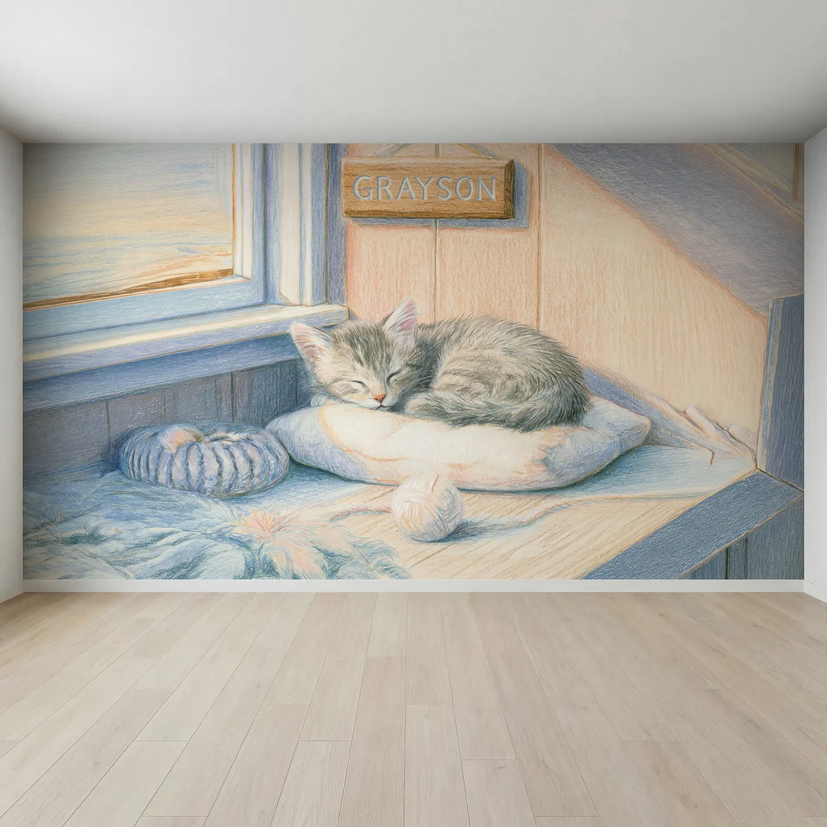 Full view of Sweet Kitten Cushion Personalized Wall Mural by Whimsy Tots
