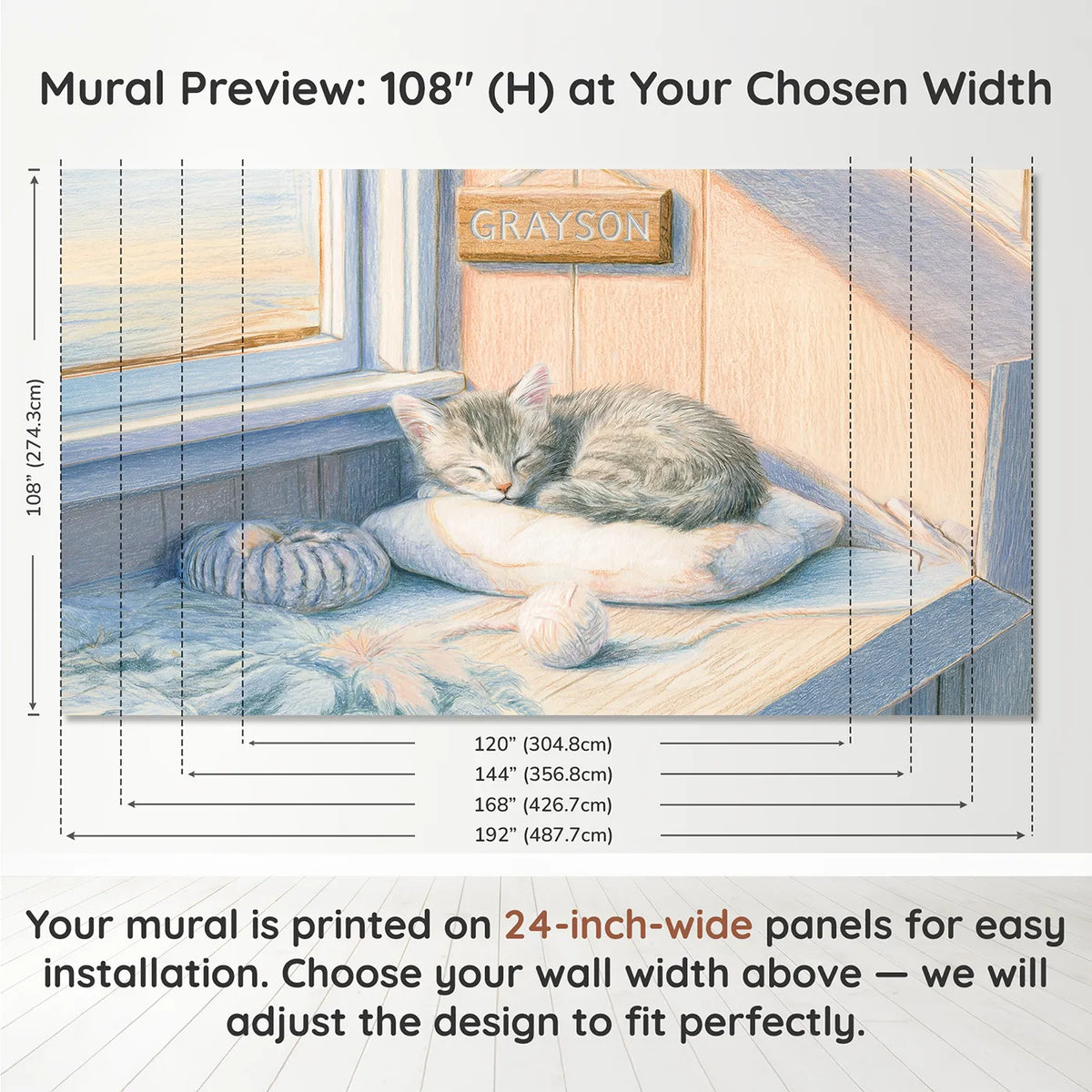 Panel layout and dimensions for Sweet Kitten Cushion Personalized Wall Mural by Whimsy Tots