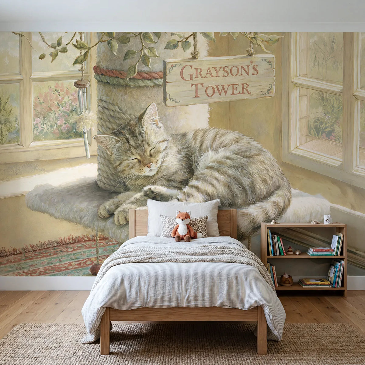 Storybook cat tower personalized wall mural with name sign for kids room by Whimsy Tots
