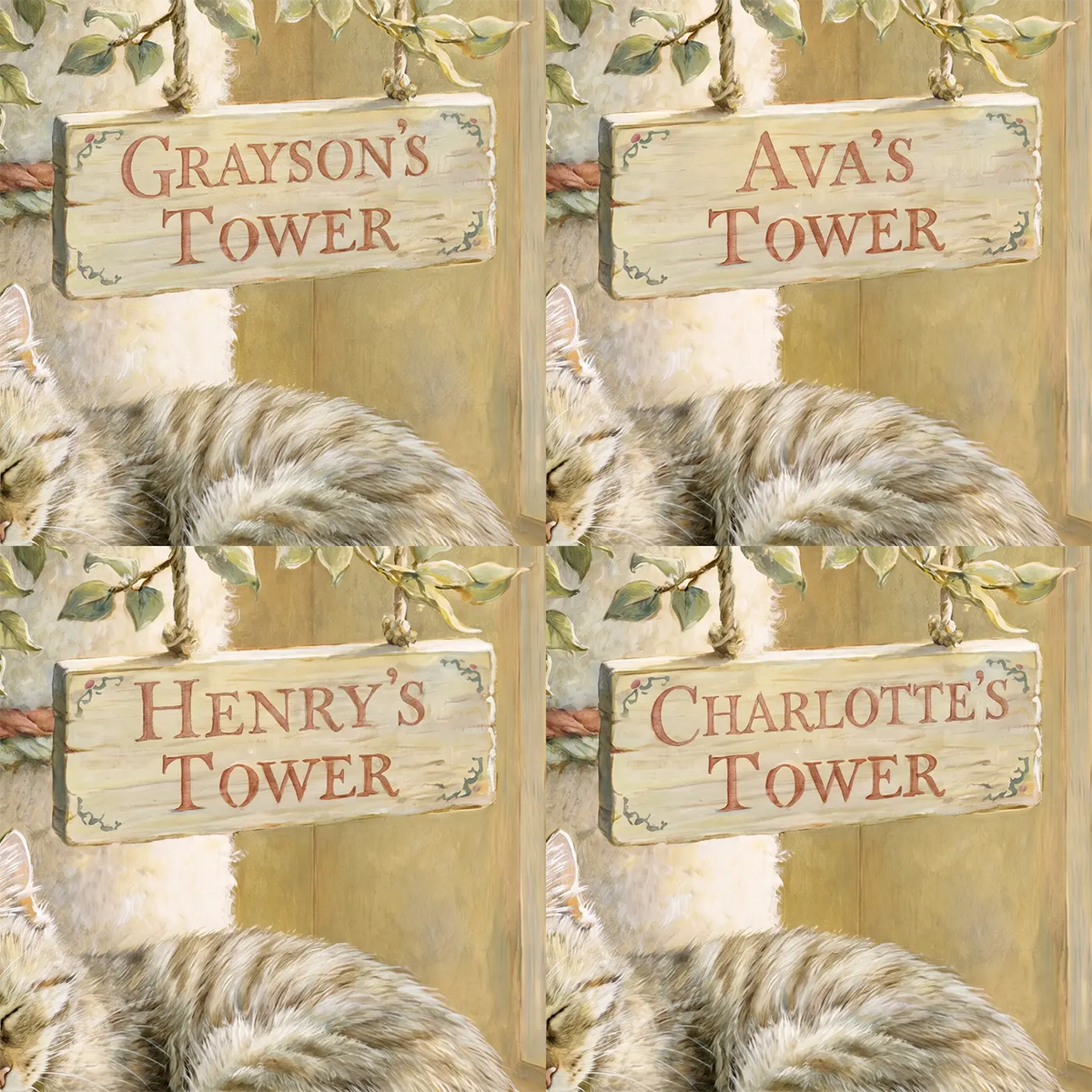 Four name preview examples of Content Cat Tower Personalized Wall Mural by Whimsy Tots