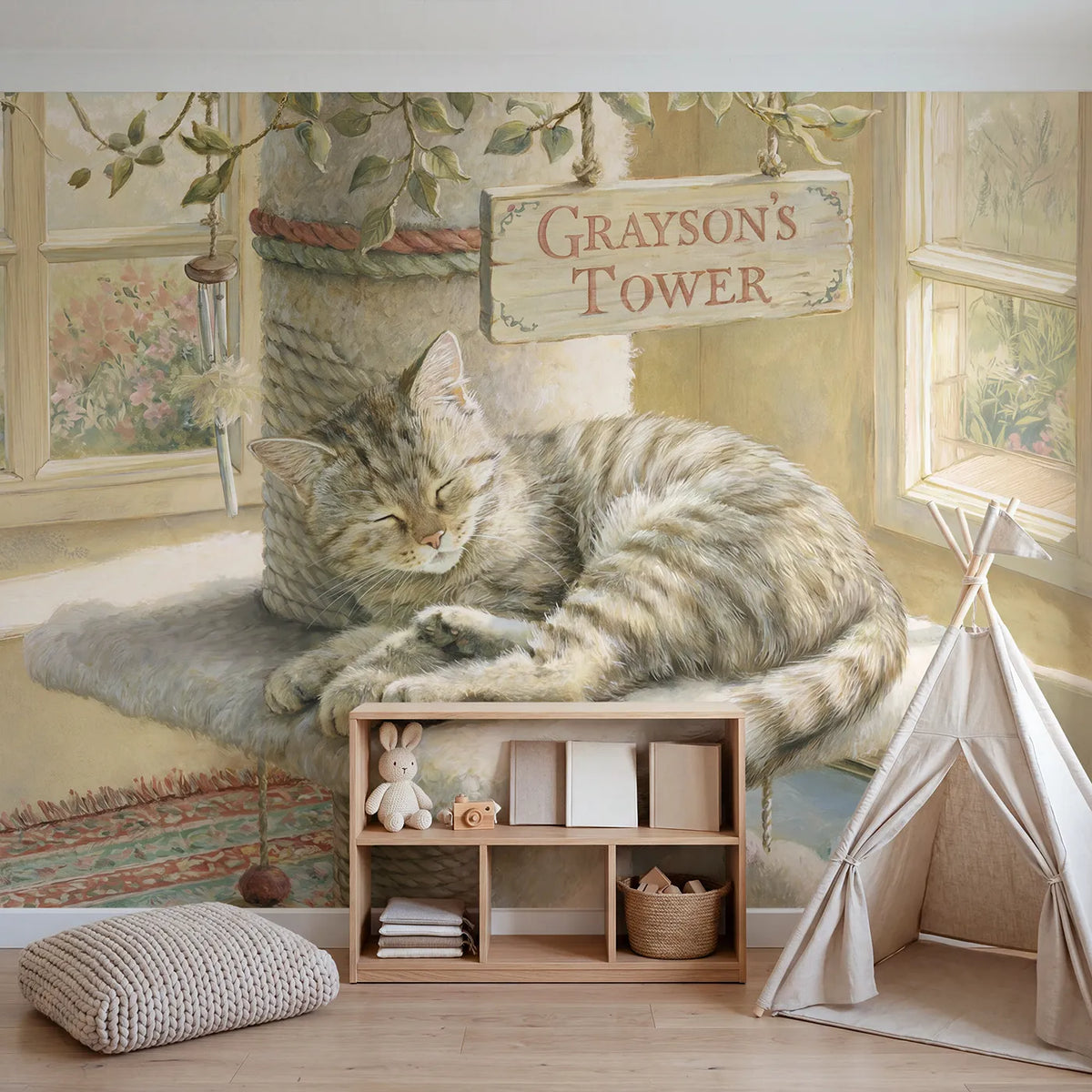 Content Cat Tower Personalized Wall Mural in playroom setting by Whimsy Tots