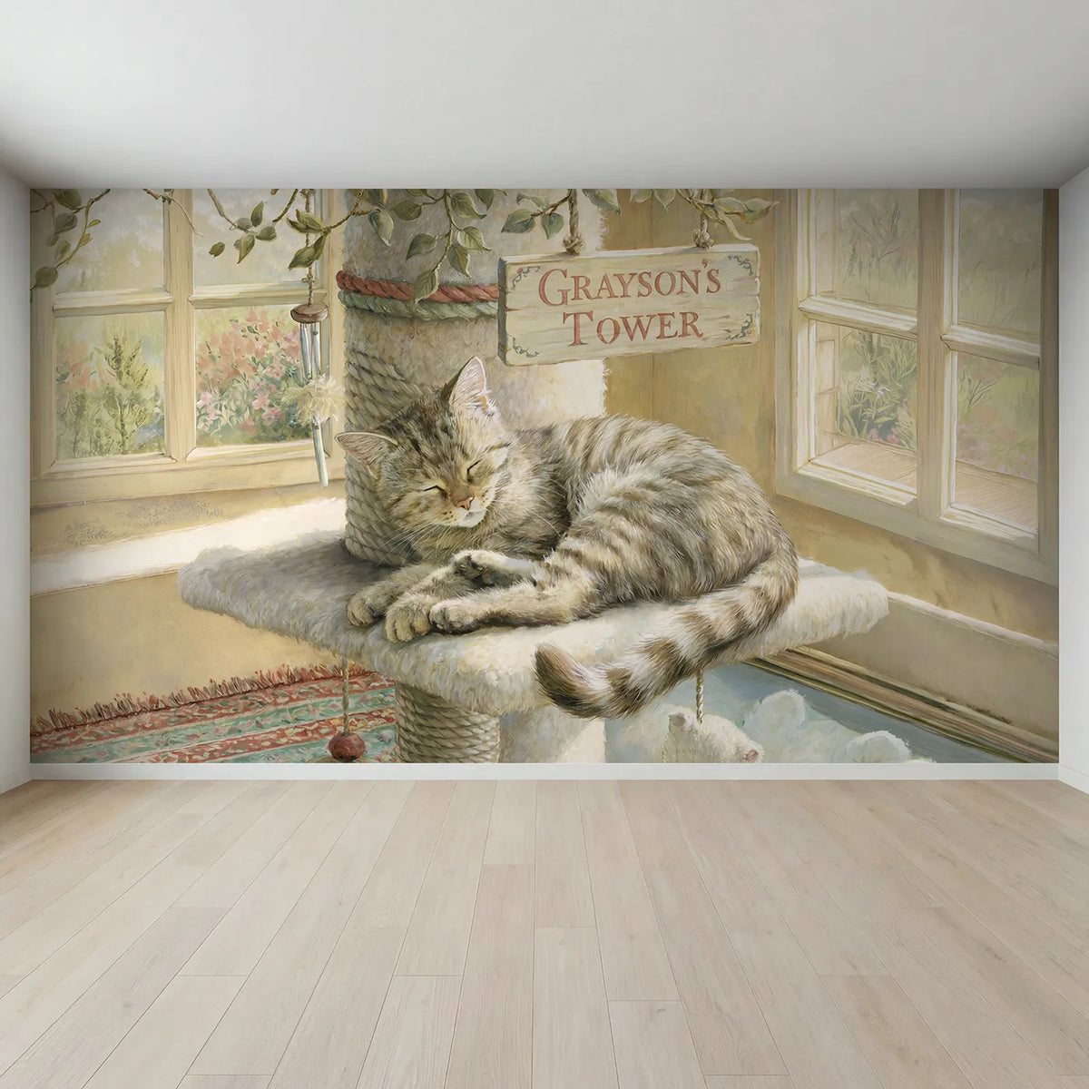 Full view of Content Cat Tower Personalized Wall Mural by Whimsy Tots