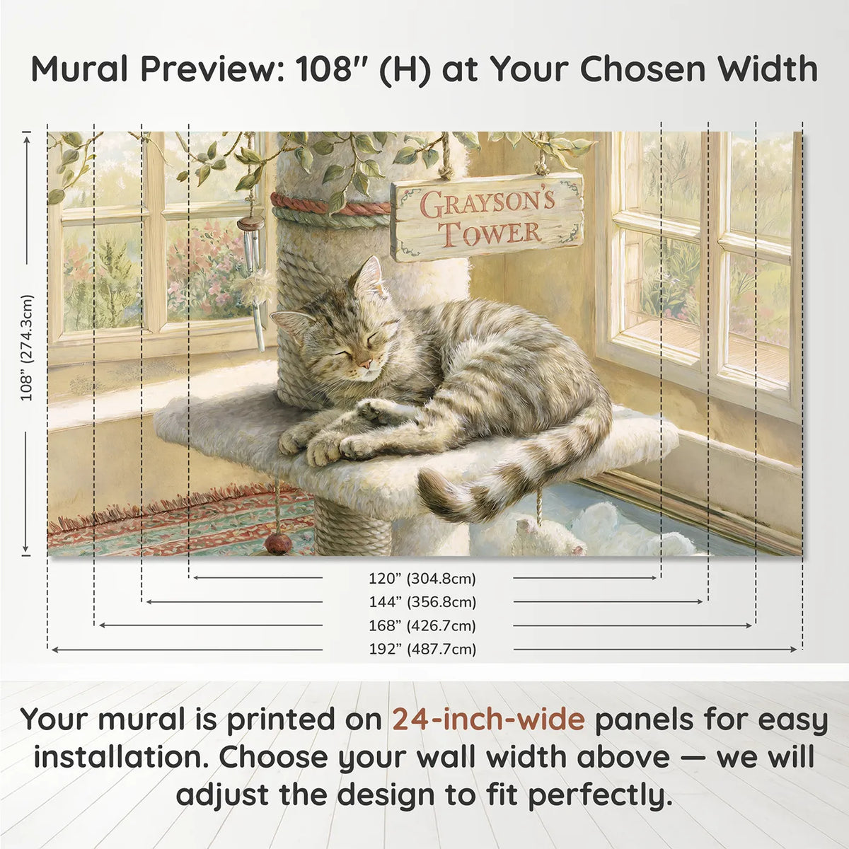 Panel layout and dimensions for Content Cat Tower Personalized Wall Mural by Whimsy Tots