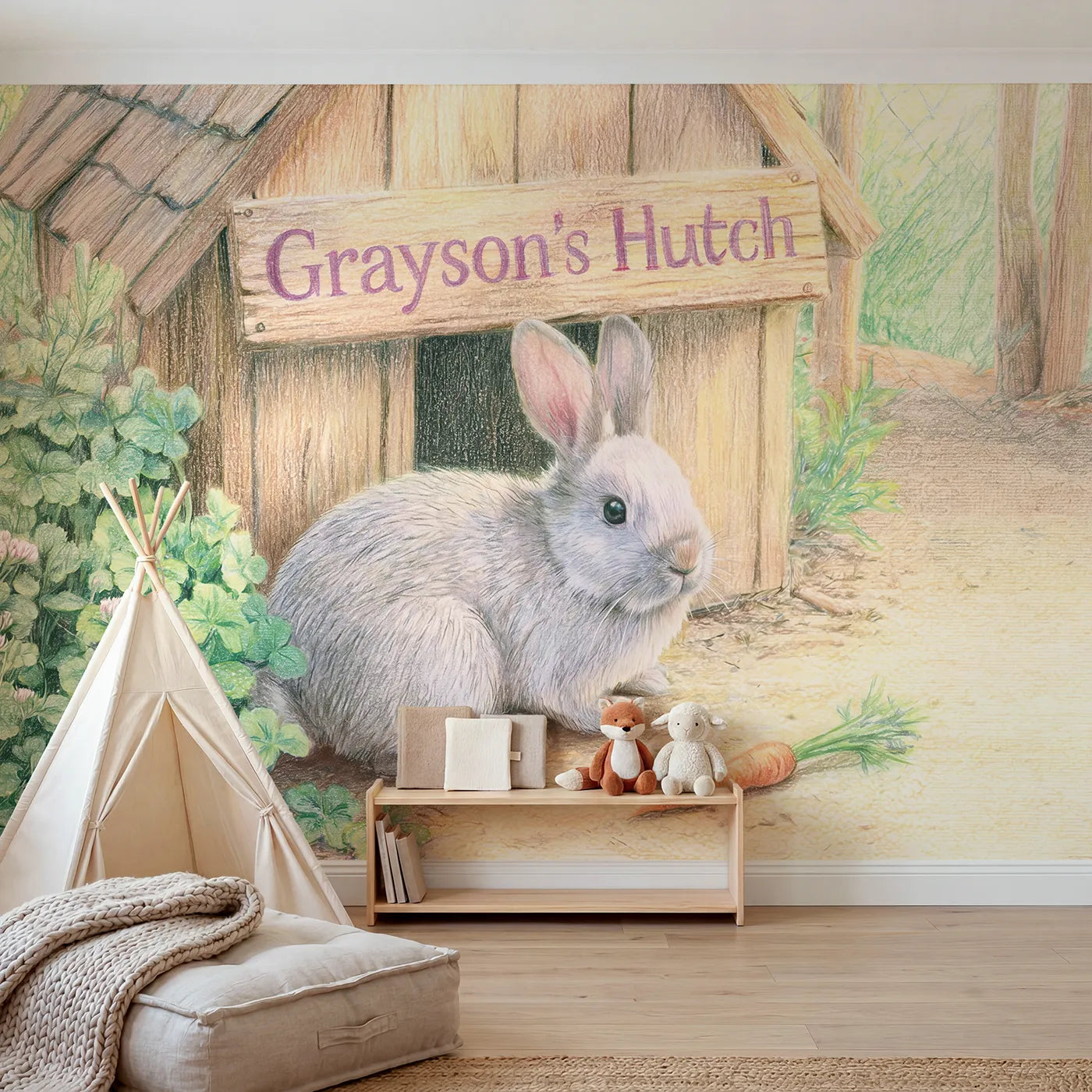 Colored pencil rabbit garden personalized wall mural with hutch name sign by Whimsy Tots