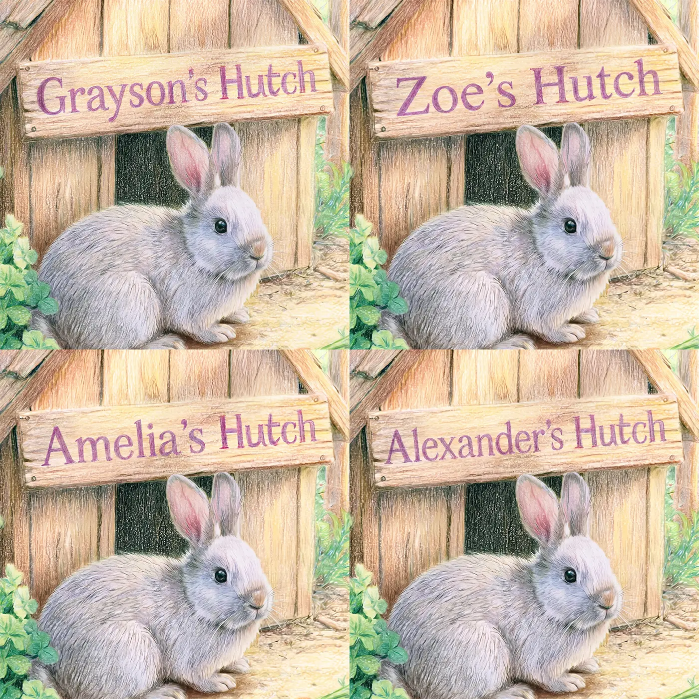Four name preview examples of Pet Rabbit Hutch Personalized Wall Mural by Whimsy Tots