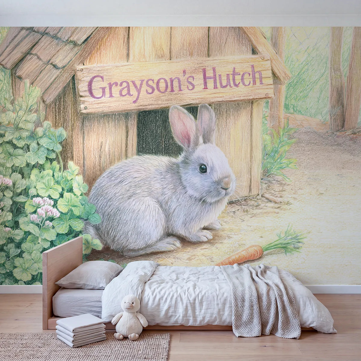 Pet Rabbit Hutch Personalized Wall Mural in playroom setting by Whimsy Tots