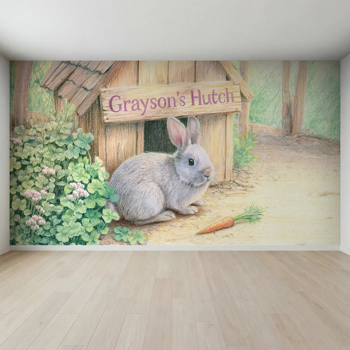 Full view of Pet Rabbit Hutch Personalized Wall Mural by Whimsy Tots