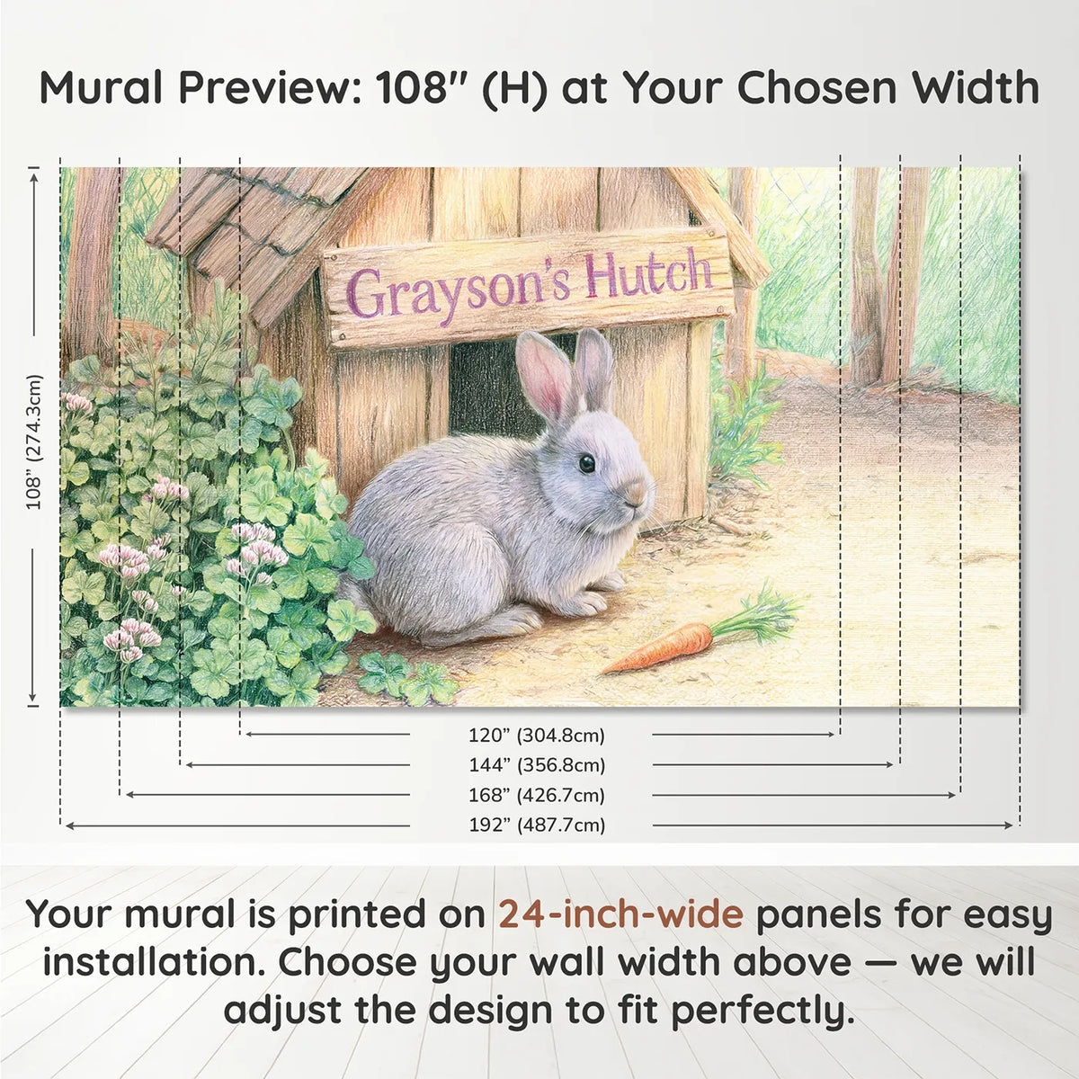 Panel layout and dimensions for Pet Rabbit Hutch Personalized Wall Mural by Whimsy Tots