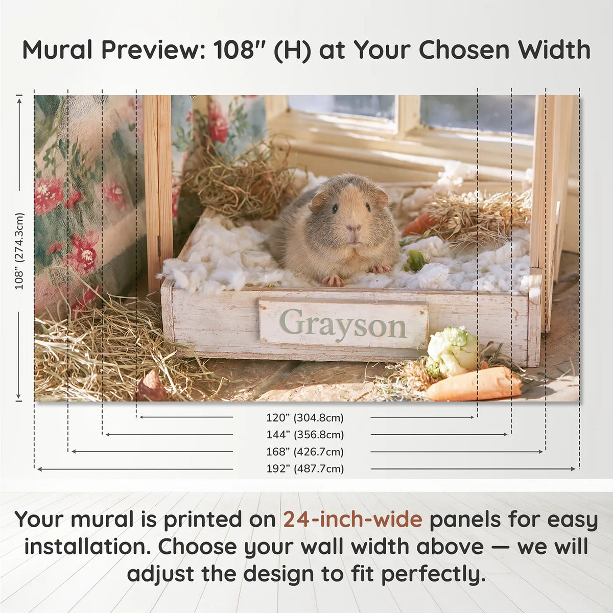 Panel layout and dimensions for Cute Guinea Pig Personalized Wall Mural by Whimsy Tots
