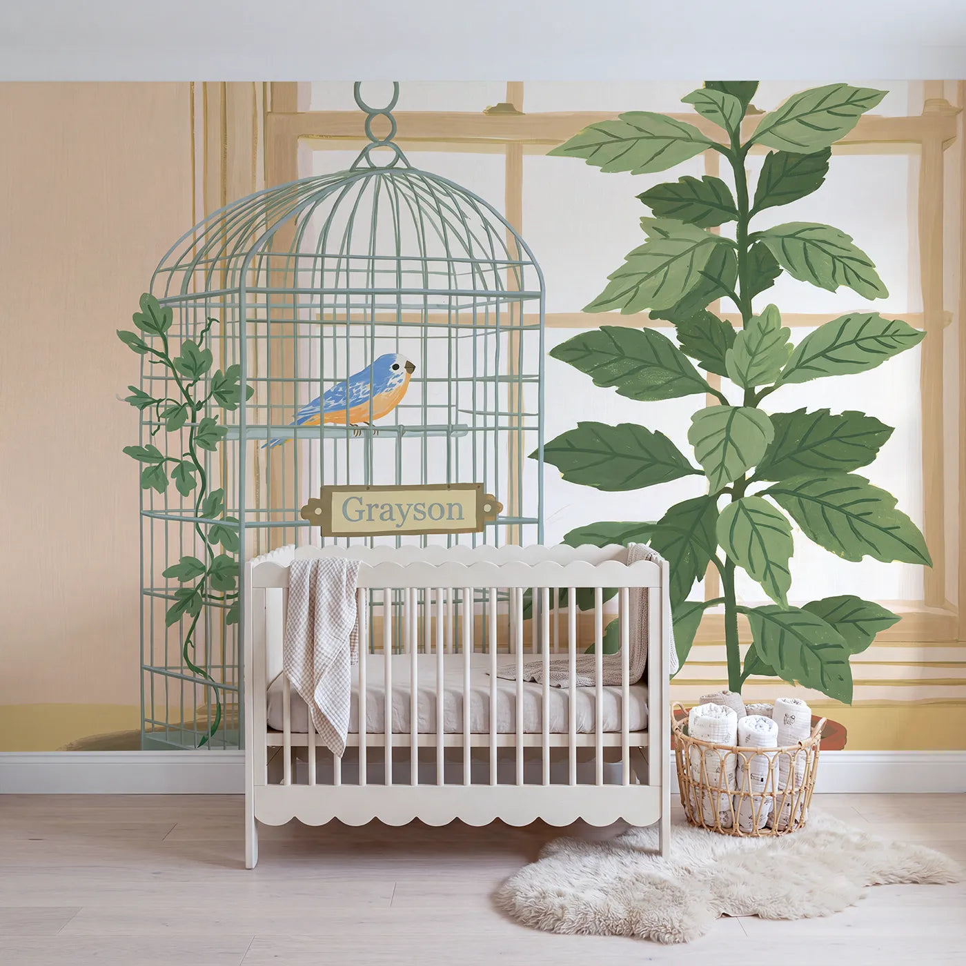 Modern Illustration songbird cage personalized wall mural with name plaque by Whimsy Tots