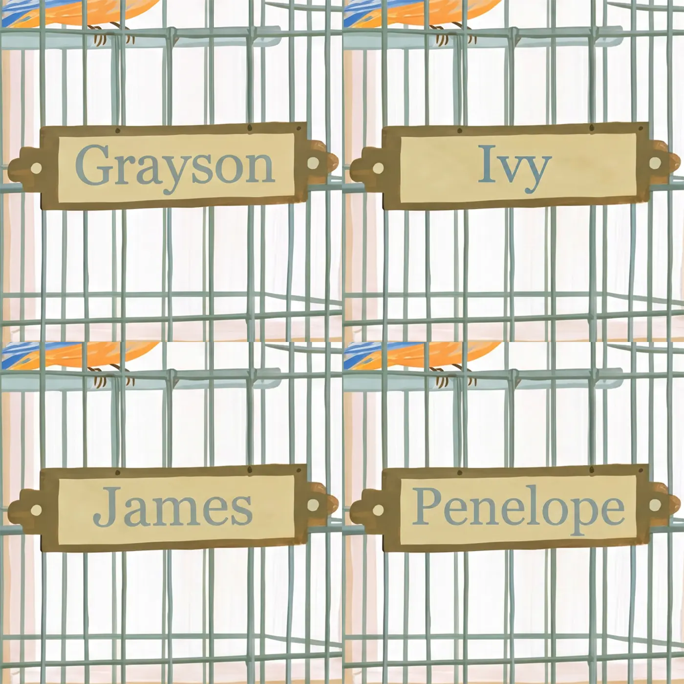 Four name preview examples of Bright Pet Bird Personalized Wall Mural by Whimsy Tots