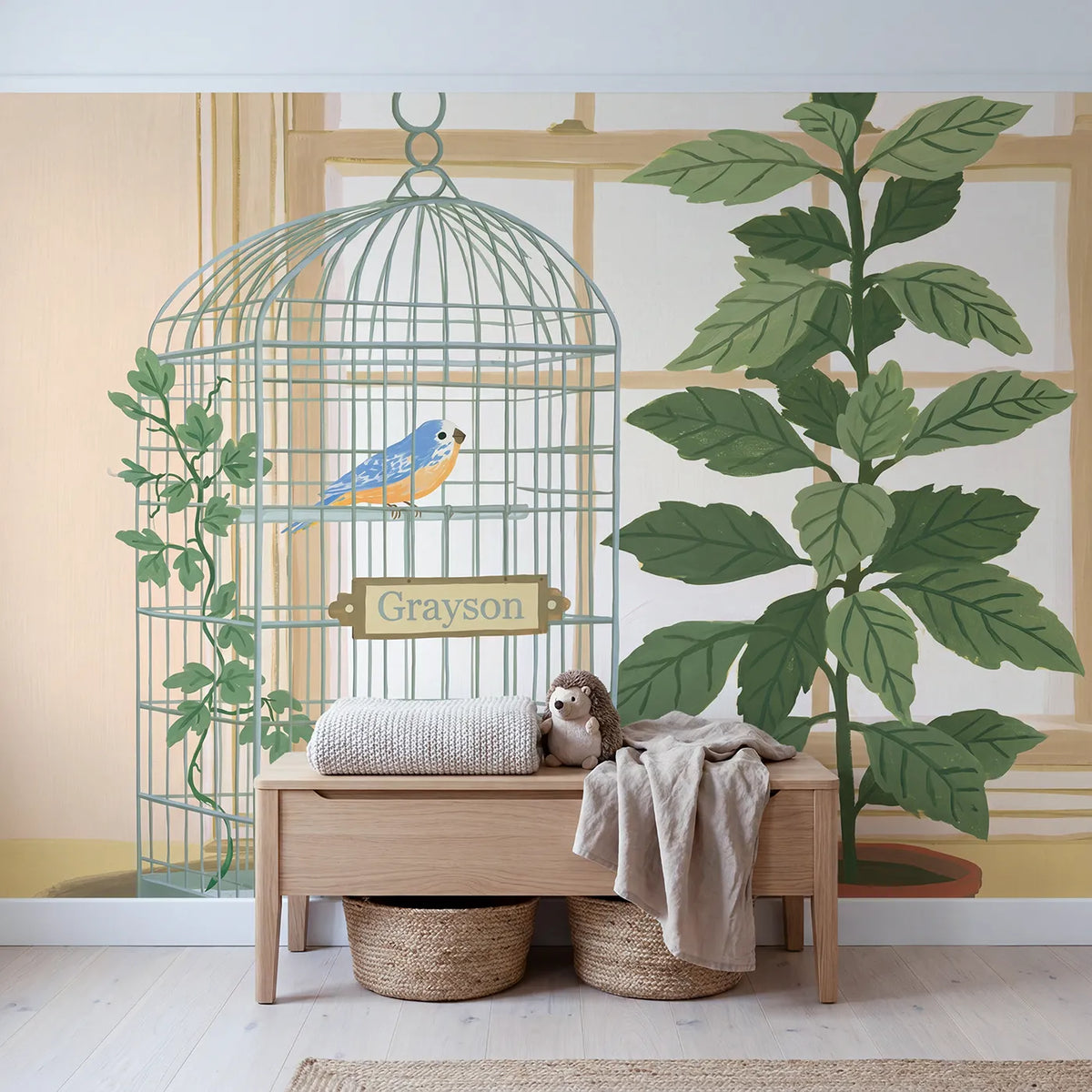 Bright Pet Bird Personalized Wall Mural in playroom setting by Whimsy Tots