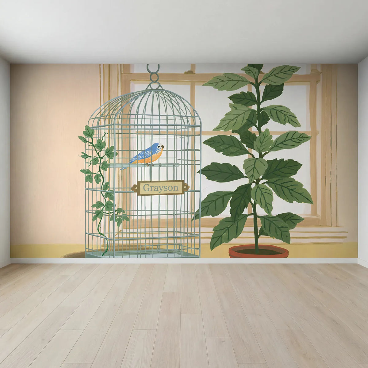 Full view of Bright Pet Bird Personalized Wall Mural by Whimsy Tots