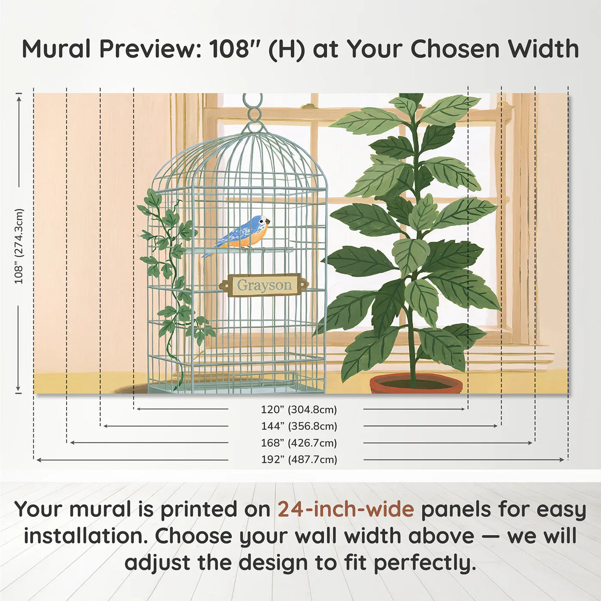 Panel layout and dimensions for Bright Pet Bird Personalized Wall Mural by Whimsy Tots