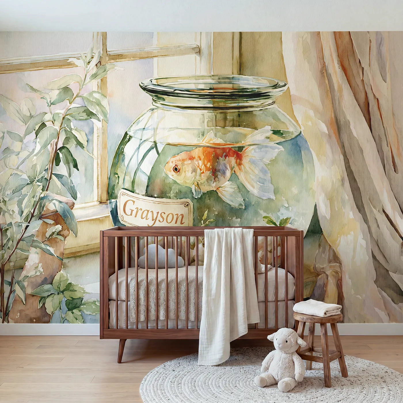 Watercolor goldfish bowl personalized wall mural with name label for nursery by Whimsy Tots