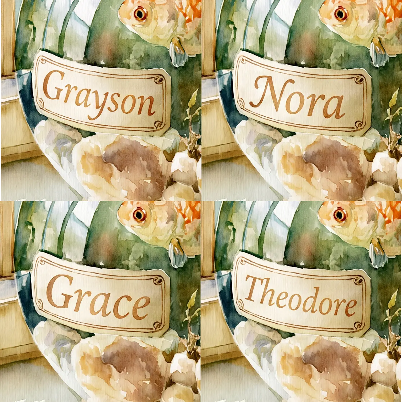 Four name preview examples of Cheerful Goldfish Bowl Personalized Wall Mural by Whimsy Tots