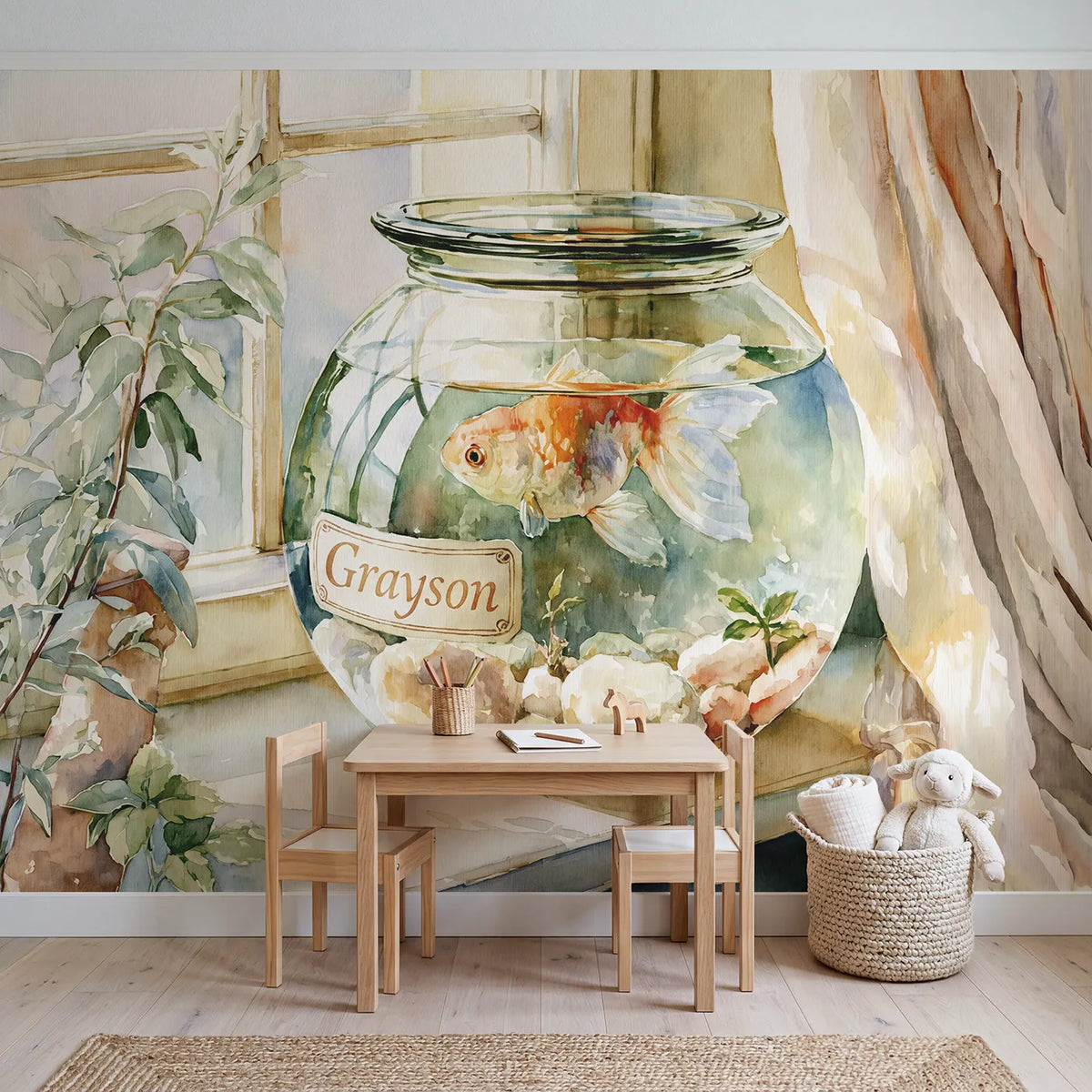 Cheerful Goldfish Bowl Personalized Wall Mural in playroom setting by Whimsy Tots