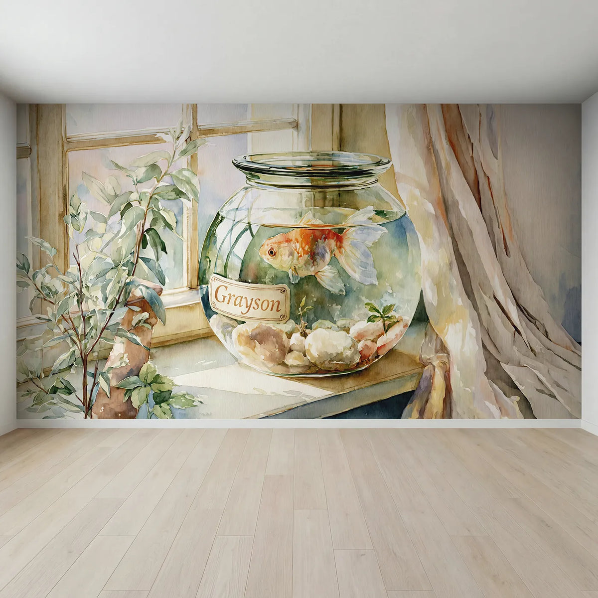 Full view of Cheerful Goldfish Bowl Personalized Wall Mural by Whimsy Tots