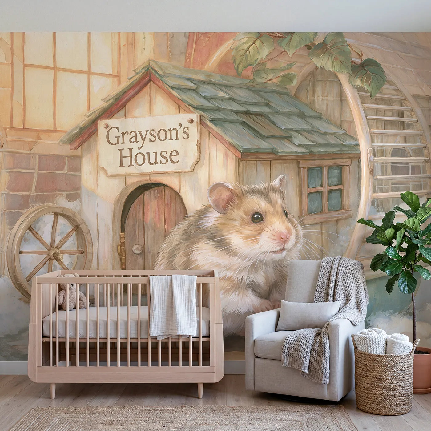 Storybook hamster house personalized wall mural with name sign for playroom by Whimsy Tots