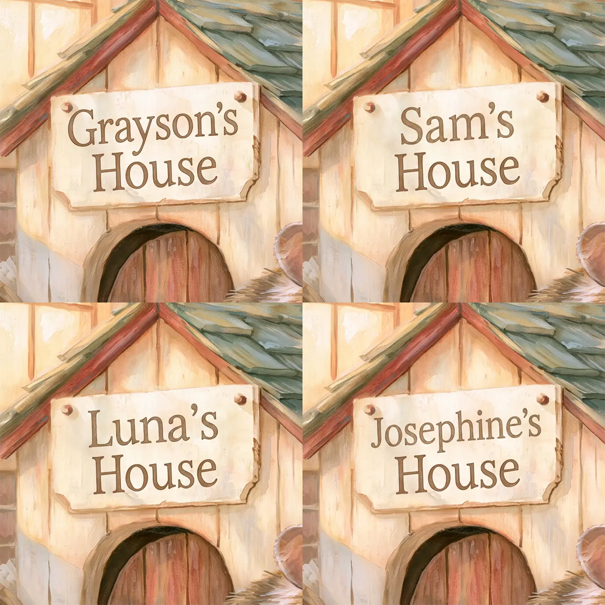Four name preview examples of Tiny Hamster House Personalized Wall Mural by Whimsy Tots