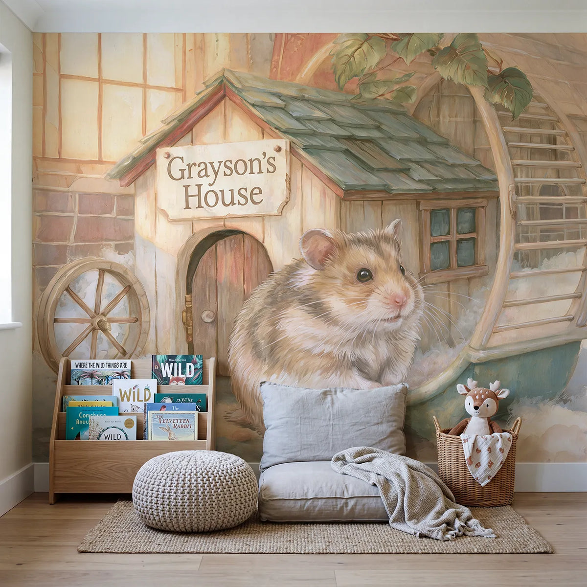 Tiny Hamster House Personalized Wall Mural in playroom setting by Whimsy Tots