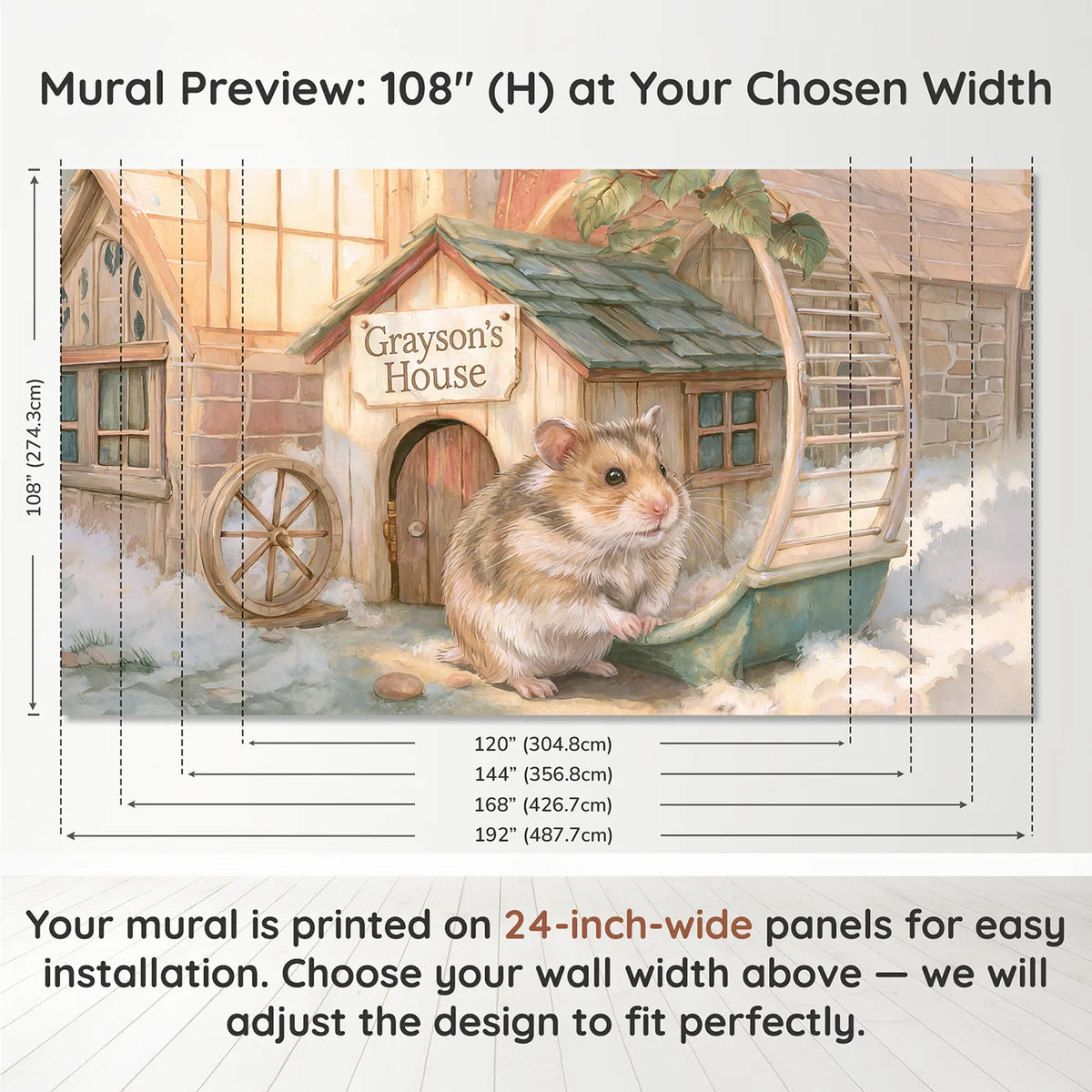 Panel layout and dimensions for Tiny Hamster House Personalized Wall Mural by Whimsy Tots