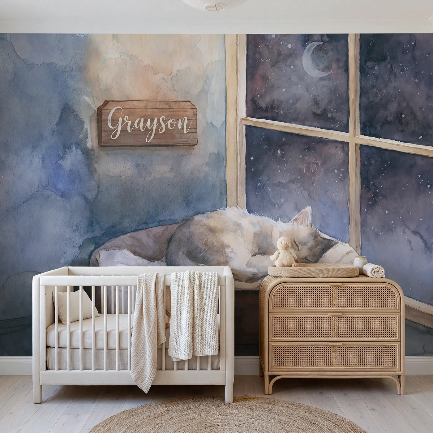 Watercolor sleeping kitten personalized wall mural with name plaque for nursery by Whimsy Tots
