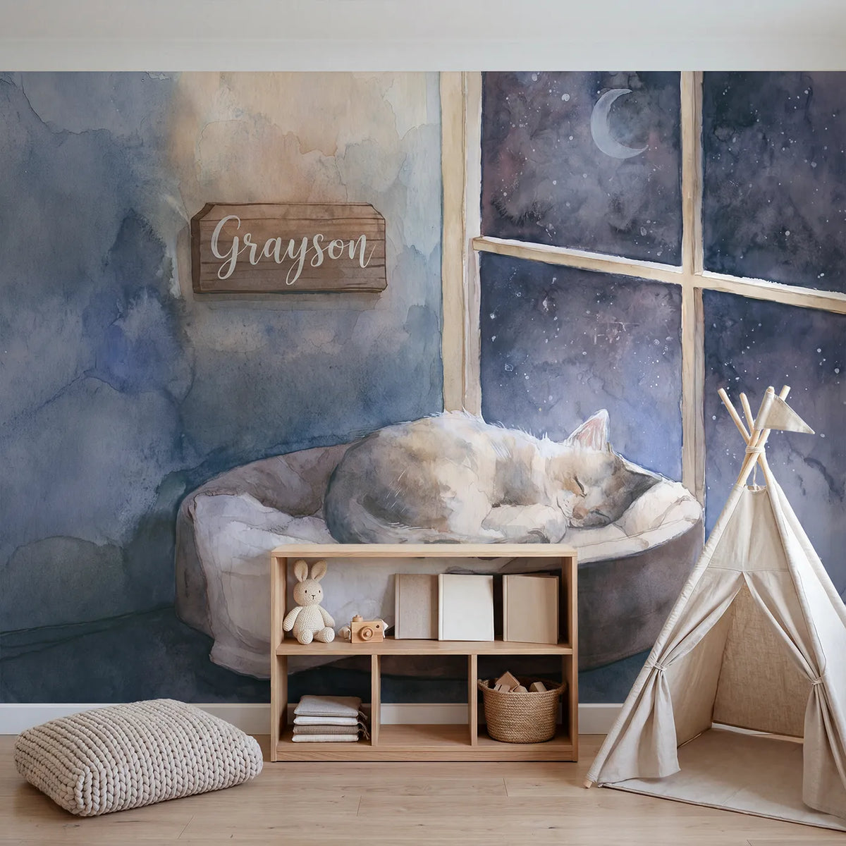 Sleepy Kitten Window Personalized Wall Mural in playroom setting by Whimsy Tots