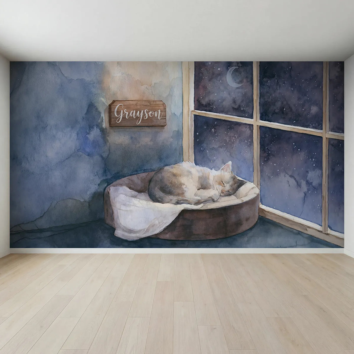 Full view of Sleepy Kitten Window Personalized Wall Mural by Whimsy Tots