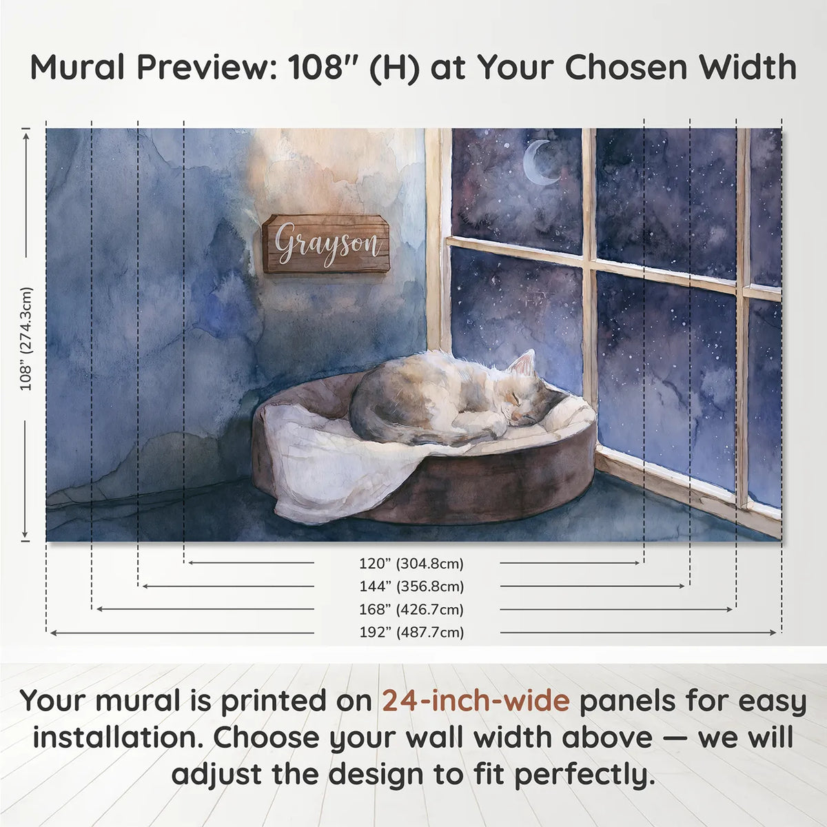 Panel layout and dimensions for Sleepy Kitten Window Personalized Wall Mural by Whimsy Tots