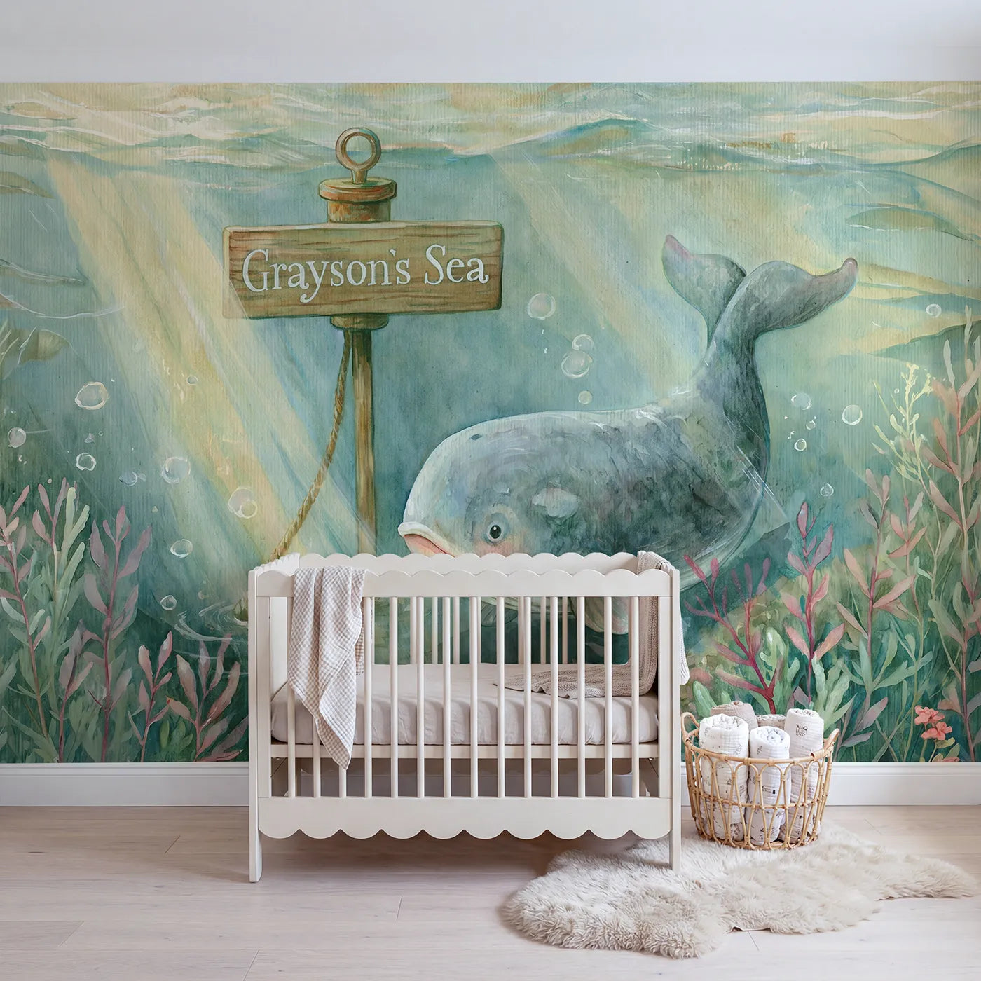 Storybook whale personalized wall mural with buoy name sign for nursery by Whimsy Tots