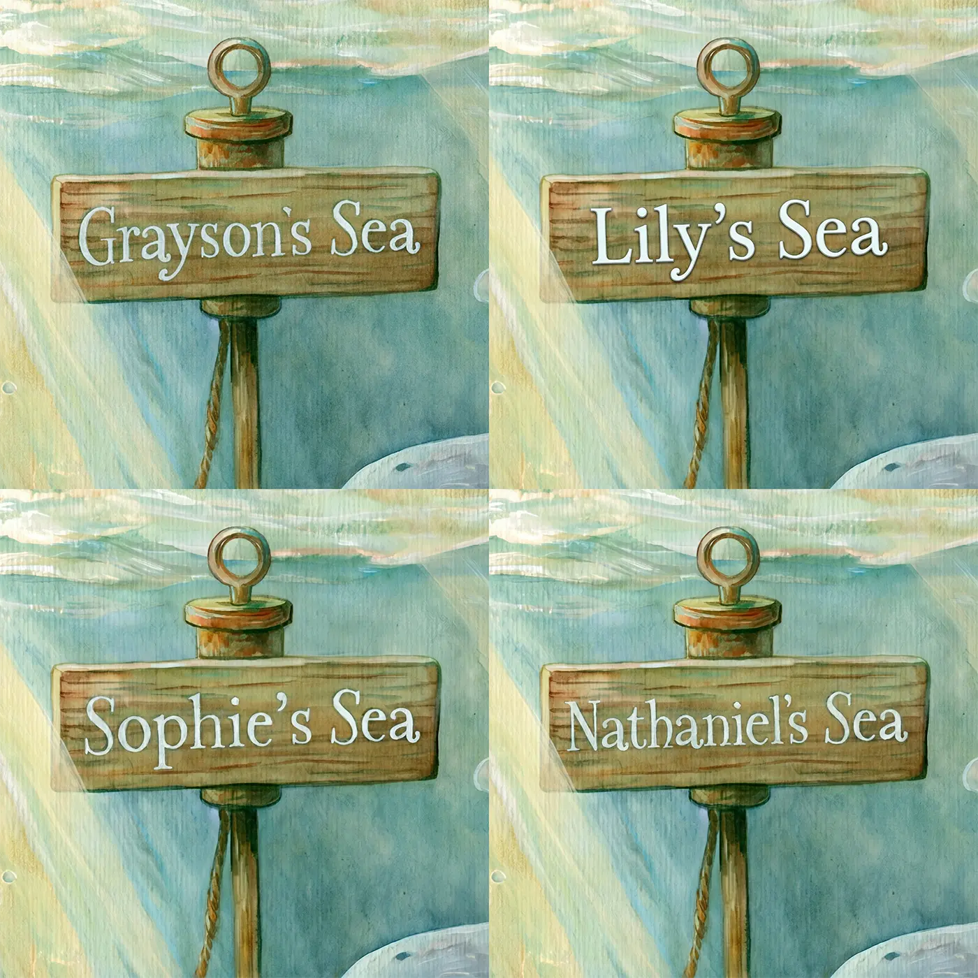 Four name preview examples of Gentle Ocean Whale Personalized Wall Mural by Whimsy Tots