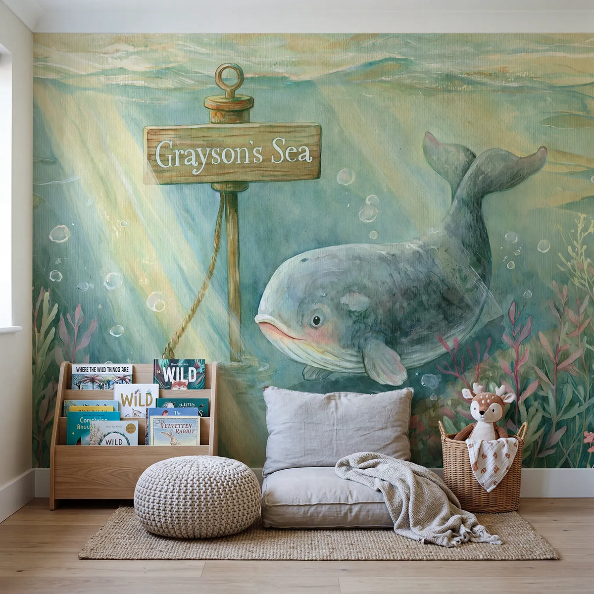 Gentle Ocean Whale Personalized Wall Mural in playroom setting by Whimsy Tots