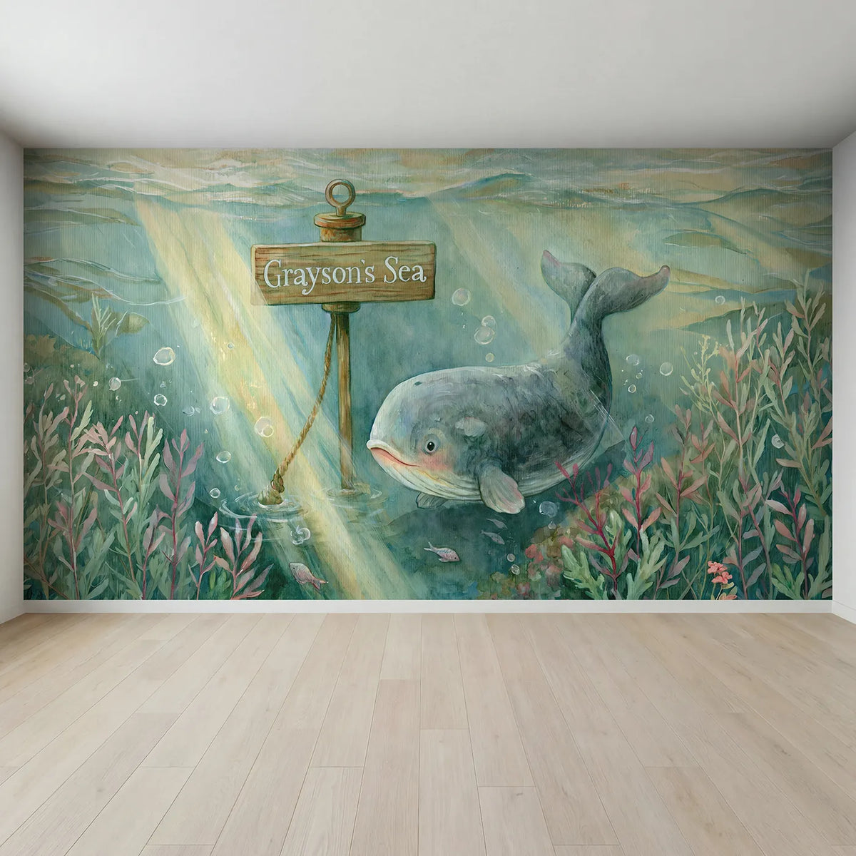 Full view of Gentle Ocean Whale Personalized Wall Mural by Whimsy Tots