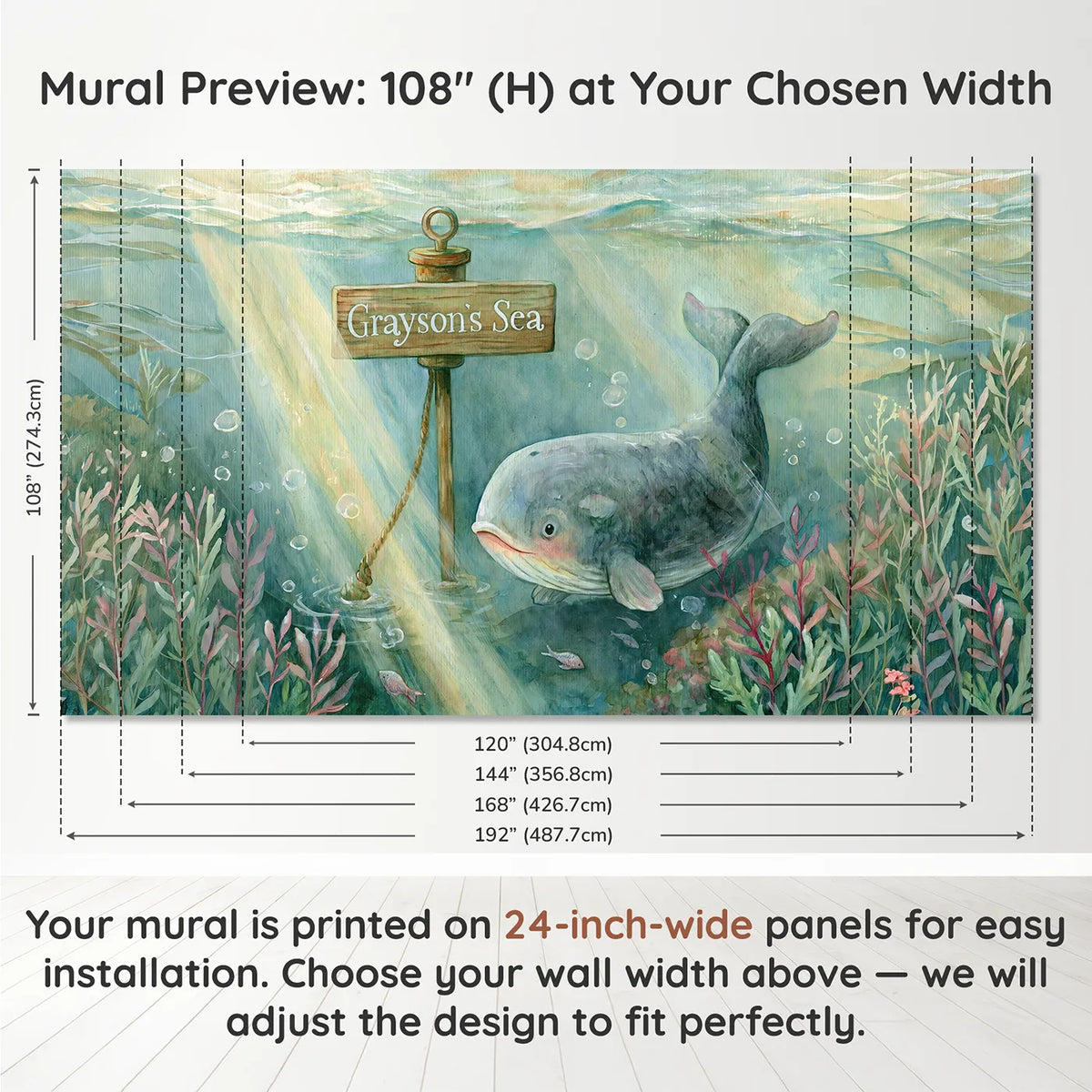 Panel layout and dimensions for Gentle Ocean Whale Personalized Wall Mural by Whimsy Tots