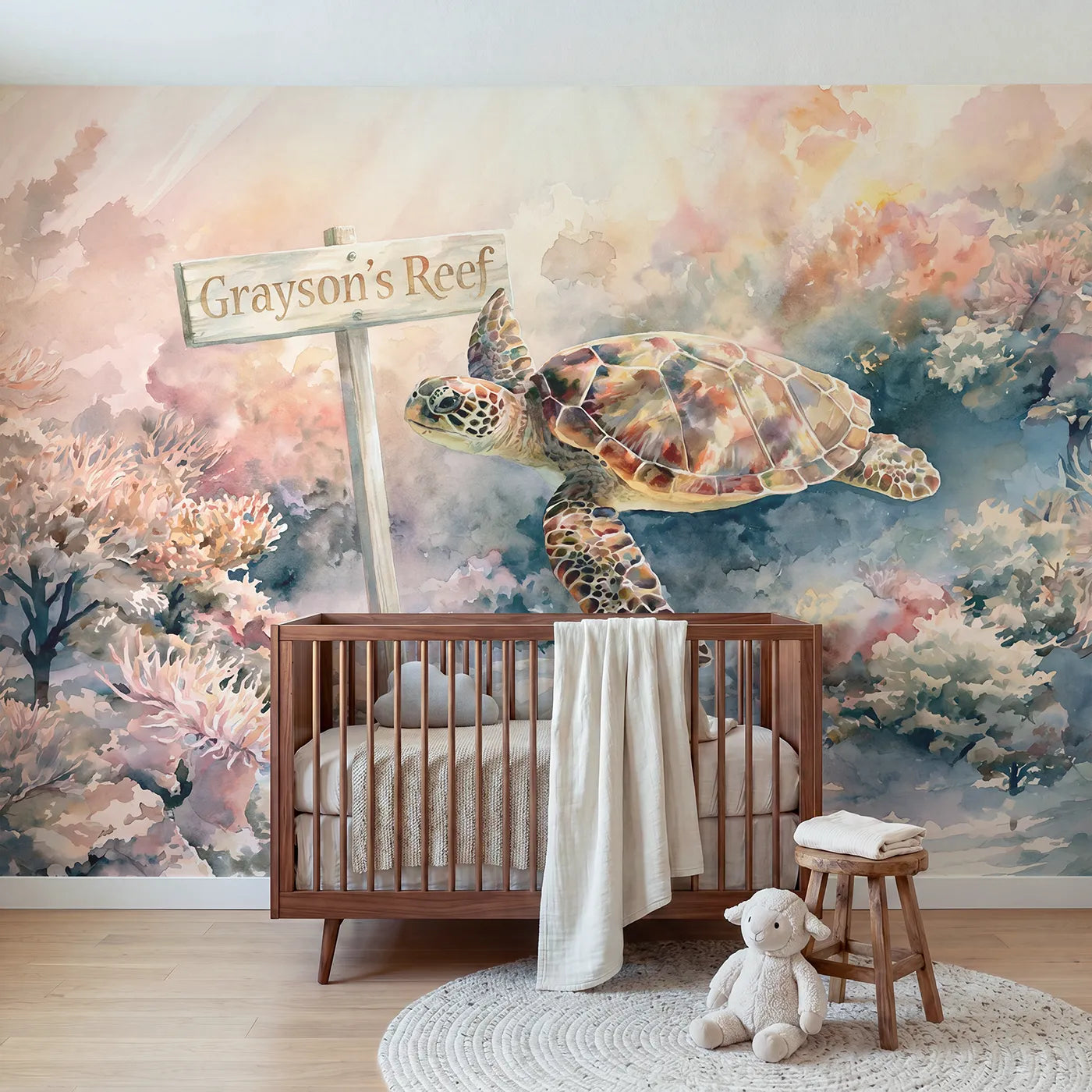 Watercolor sea turtle reef personalized wall mural with name signpost for playroom by Whimsy Tots