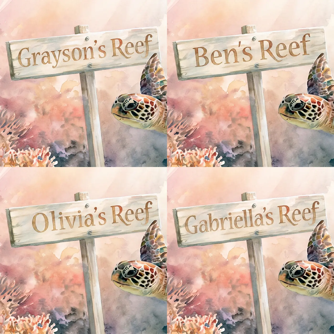 Four name preview examples of Sea Turtle Reef Personalized Wall Mural by Whimsy Tots