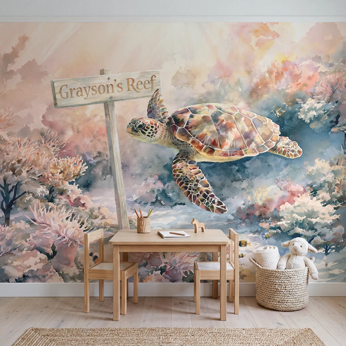 Sea Turtle Reef Personalized Wall Mural in playroom setting by Whimsy Tots