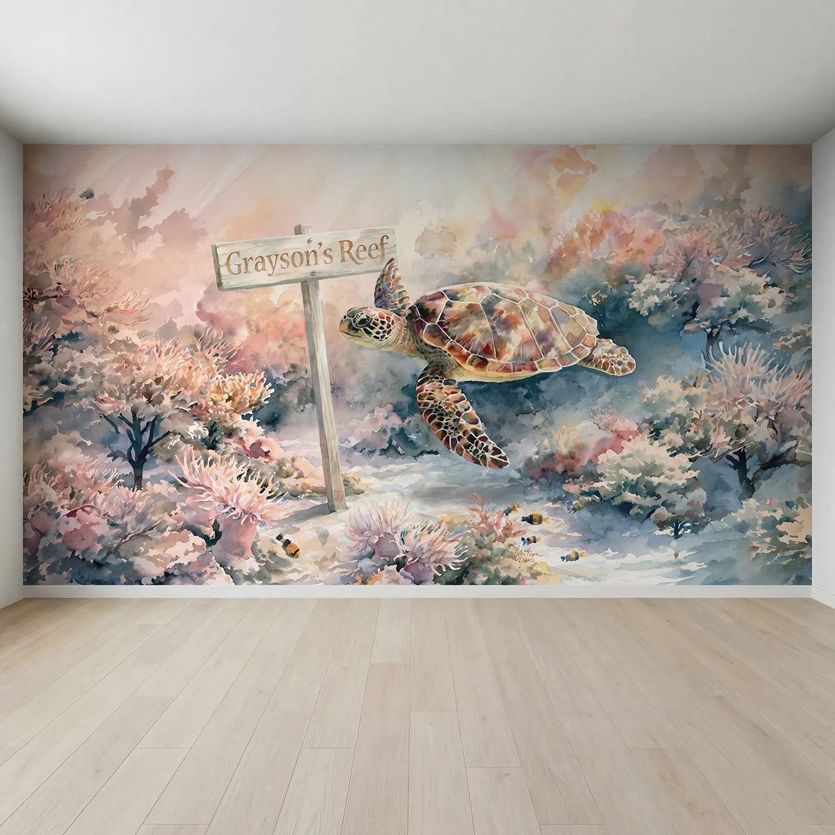Full view of Sea Turtle Reef Personalized Wall Mural by Whimsy Tots