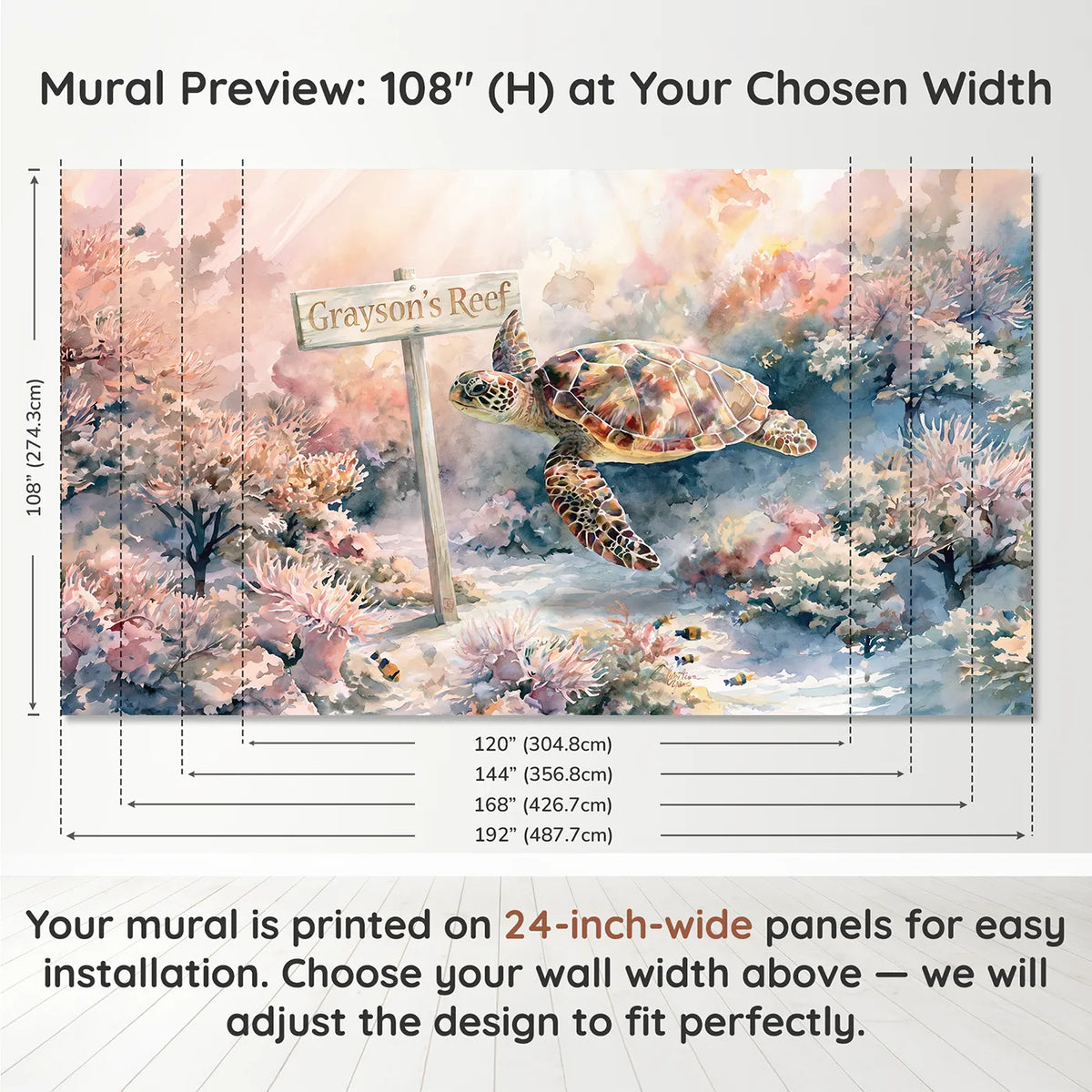 Panel layout and dimensions for Sea Turtle Reef Personalized Wall Mural by Whimsy Tots