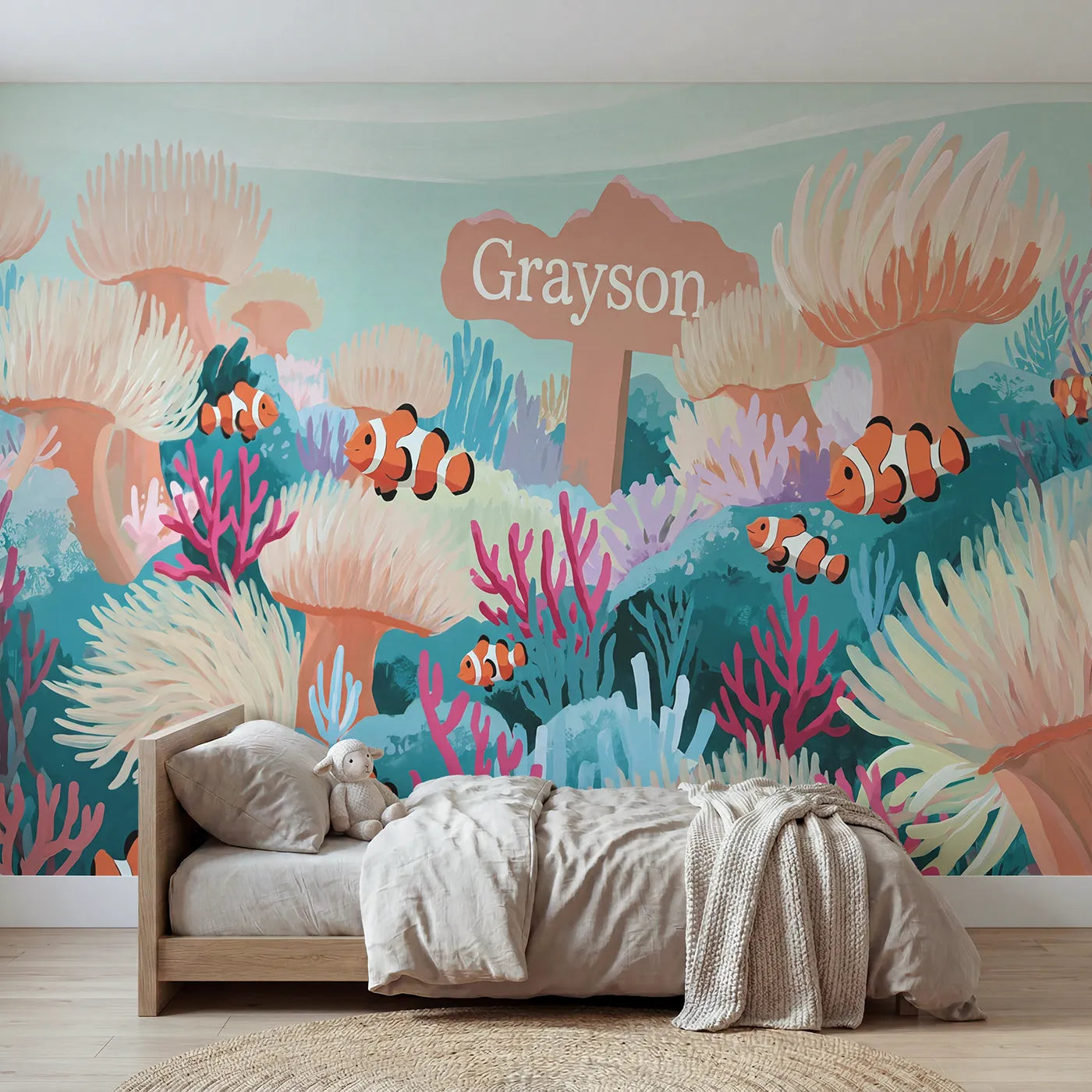 Modern Illustration clownfish personalized wall mural with name plaque by Whimsy Tots
