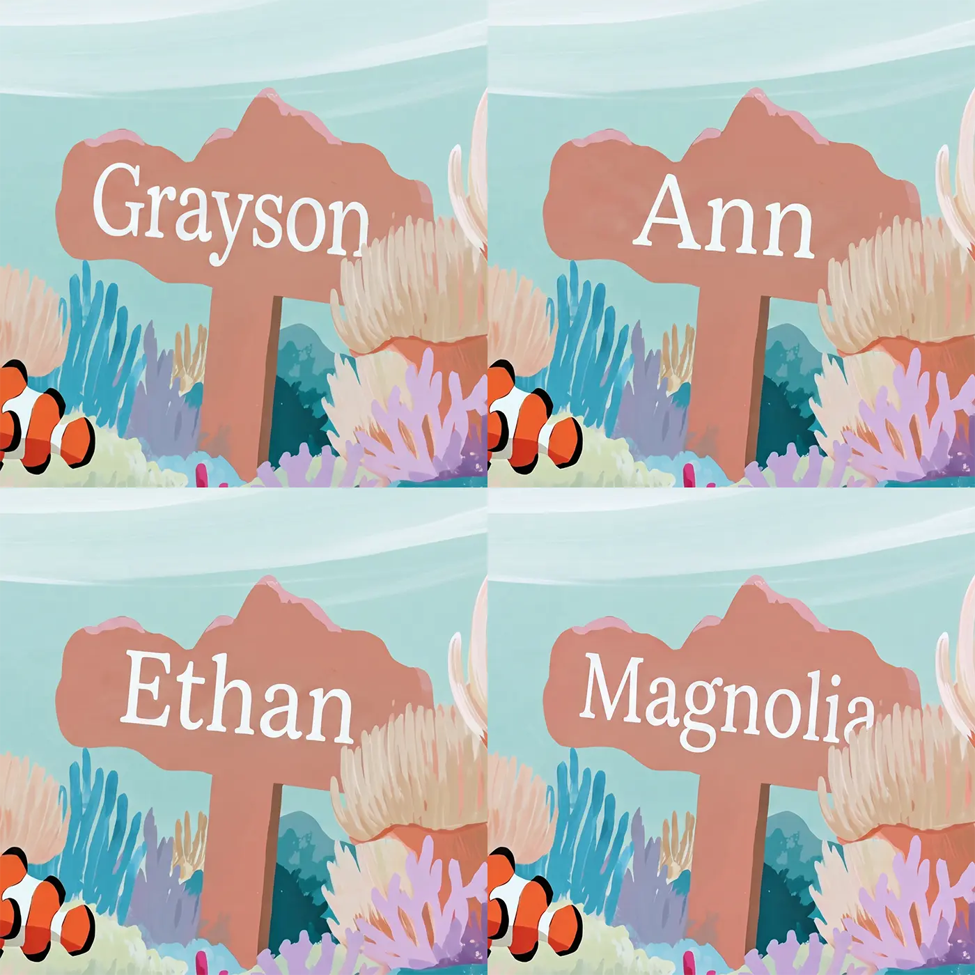 Four name preview examples of Clownfish Coral Reef Personalized Wall Mural by Whimsy Tots