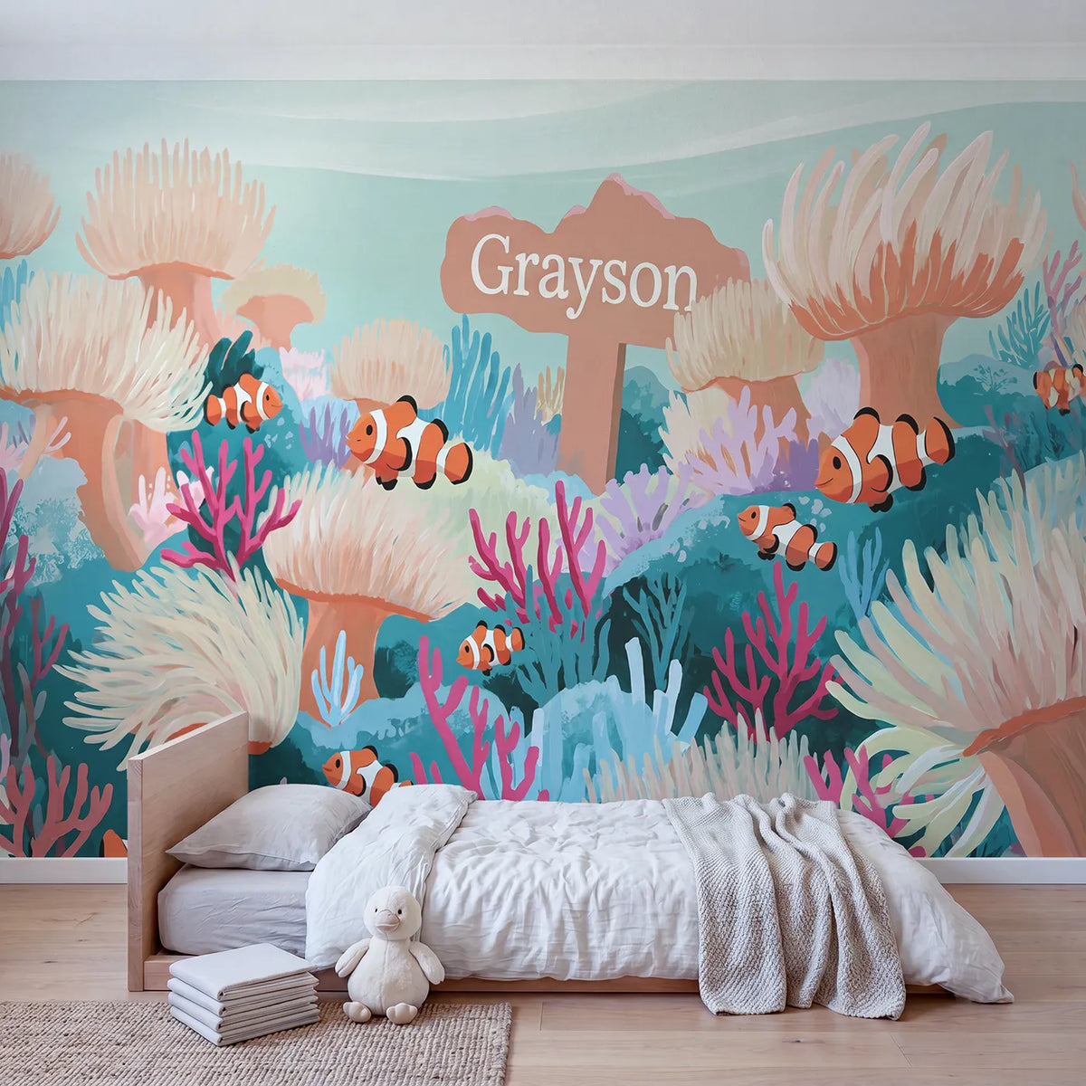Clownfish Coral Reef Personalized Wall Mural in playroom setting by Whimsy Tots
