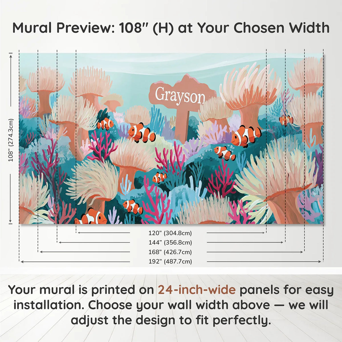 Panel layout and dimensions for Clownfish Coral Reef Personalized Wall Mural by Whimsy Tots