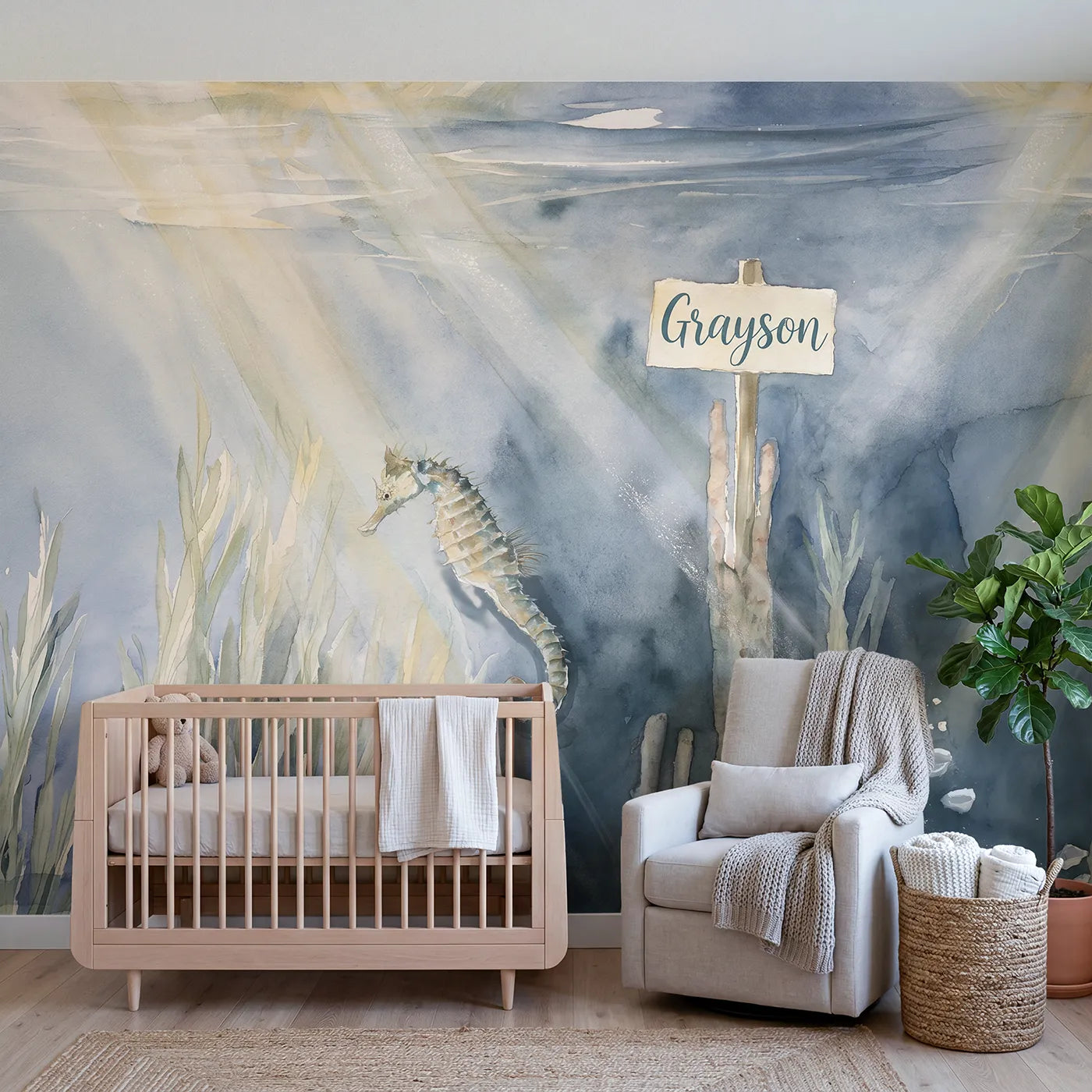Watercolor seahorse seagrass personalized wall mural with name sign for nursery by Whimsy Tots