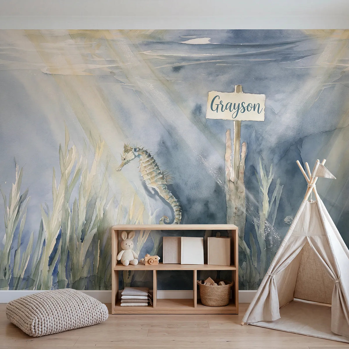 Dreamy Seahorse Lagoon Personalized Wall Mural in playroom setting by Whimsy Tots