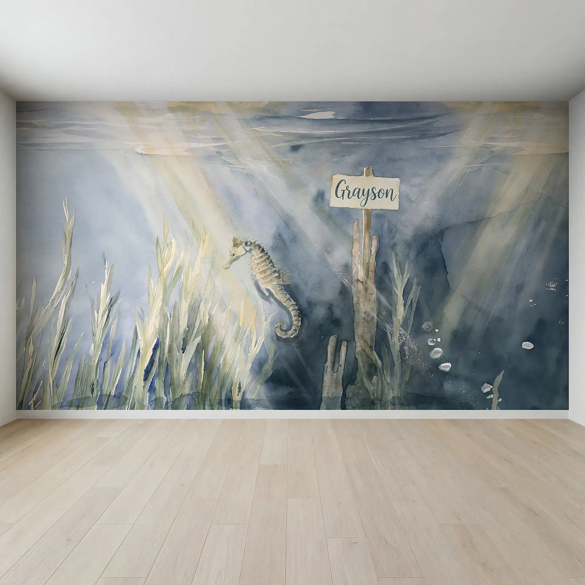 Full view of Dreamy Seahorse Lagoon Personalized Wall Mural by Whimsy Tots