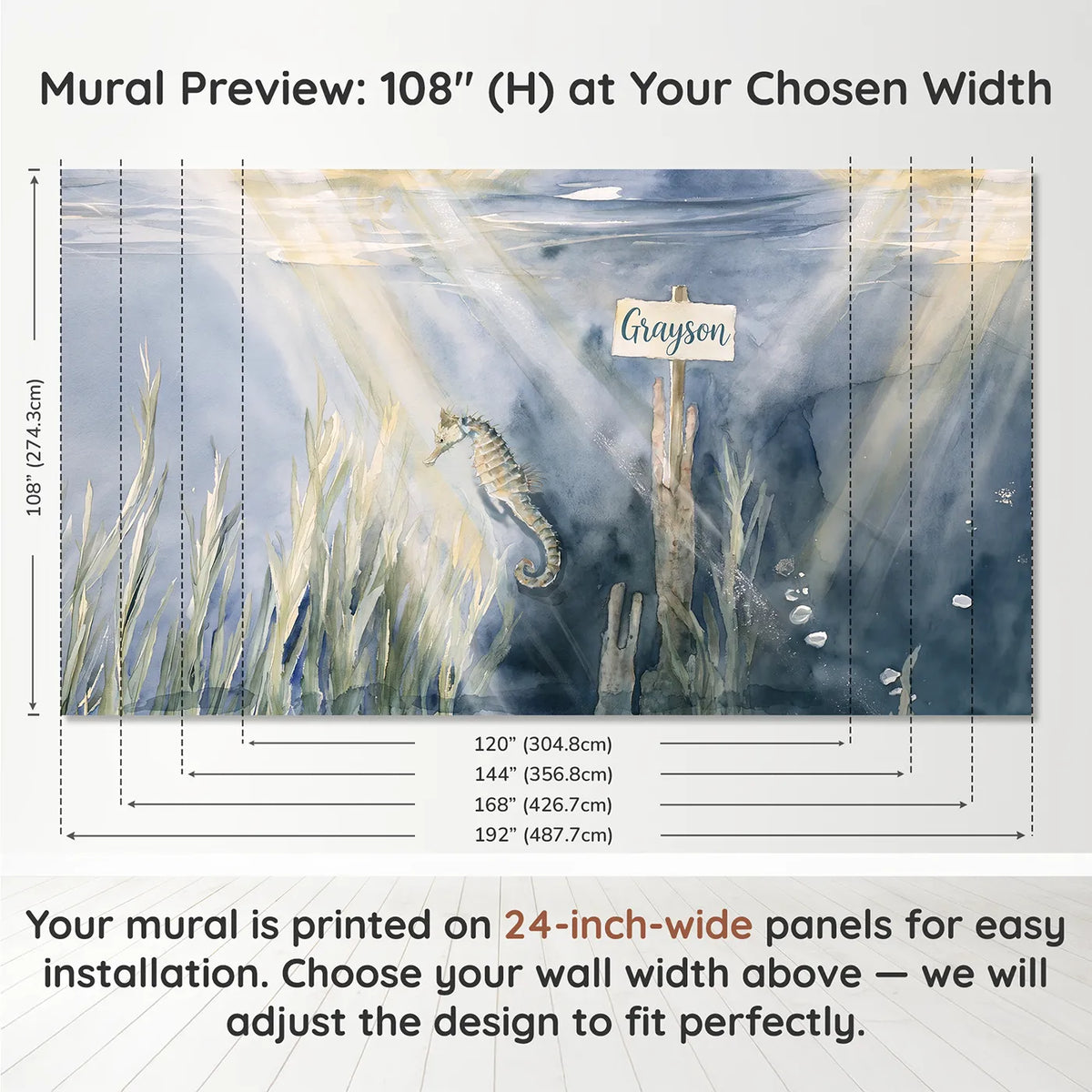 Panel layout and dimensions for Dreamy Seahorse Lagoon Personalized Wall Mural by Whimsy Tots